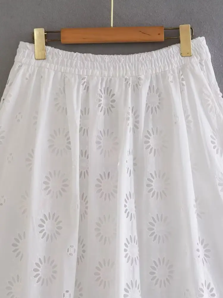 Kumsvag 2023 Women Summer MIDI Skirts Sweet White Hollow Out Embroidery Elastic waist Female Elegant Street Loose Skirt Clothing