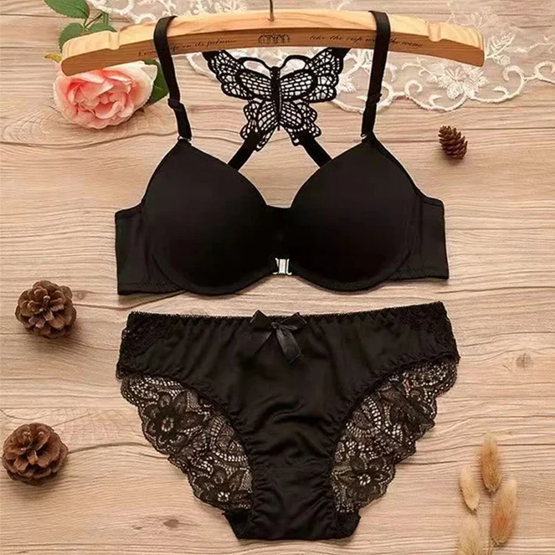 Butterfly Back Bra Set Detachable Double Straps for Women 1PCs Lace Stitching Underwear Suit Push Up Bra with Slim Lingerie Set