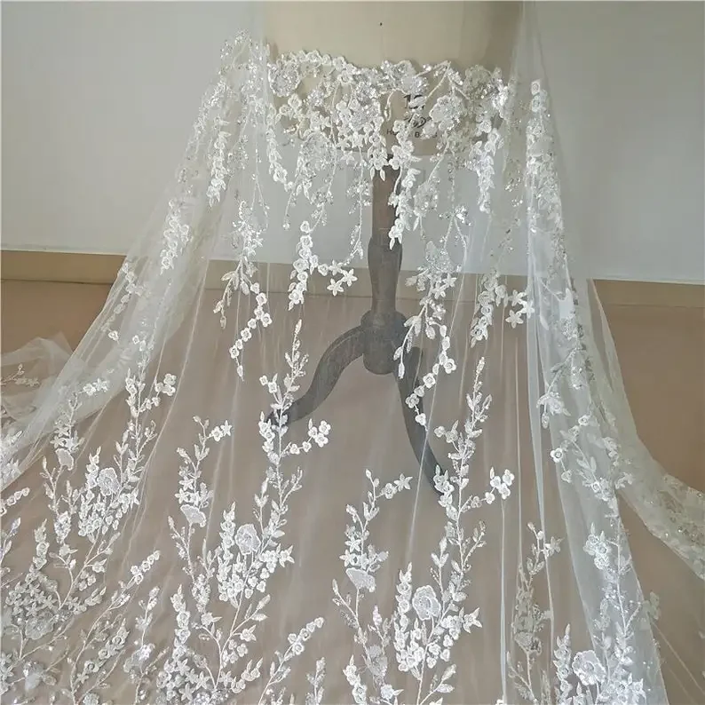 

Off White Branch Fabric, Beautiful Sequins&Beaded Embroidery Lace Fabric For Wedding Gown, Evening Dress, Prom, Skirt