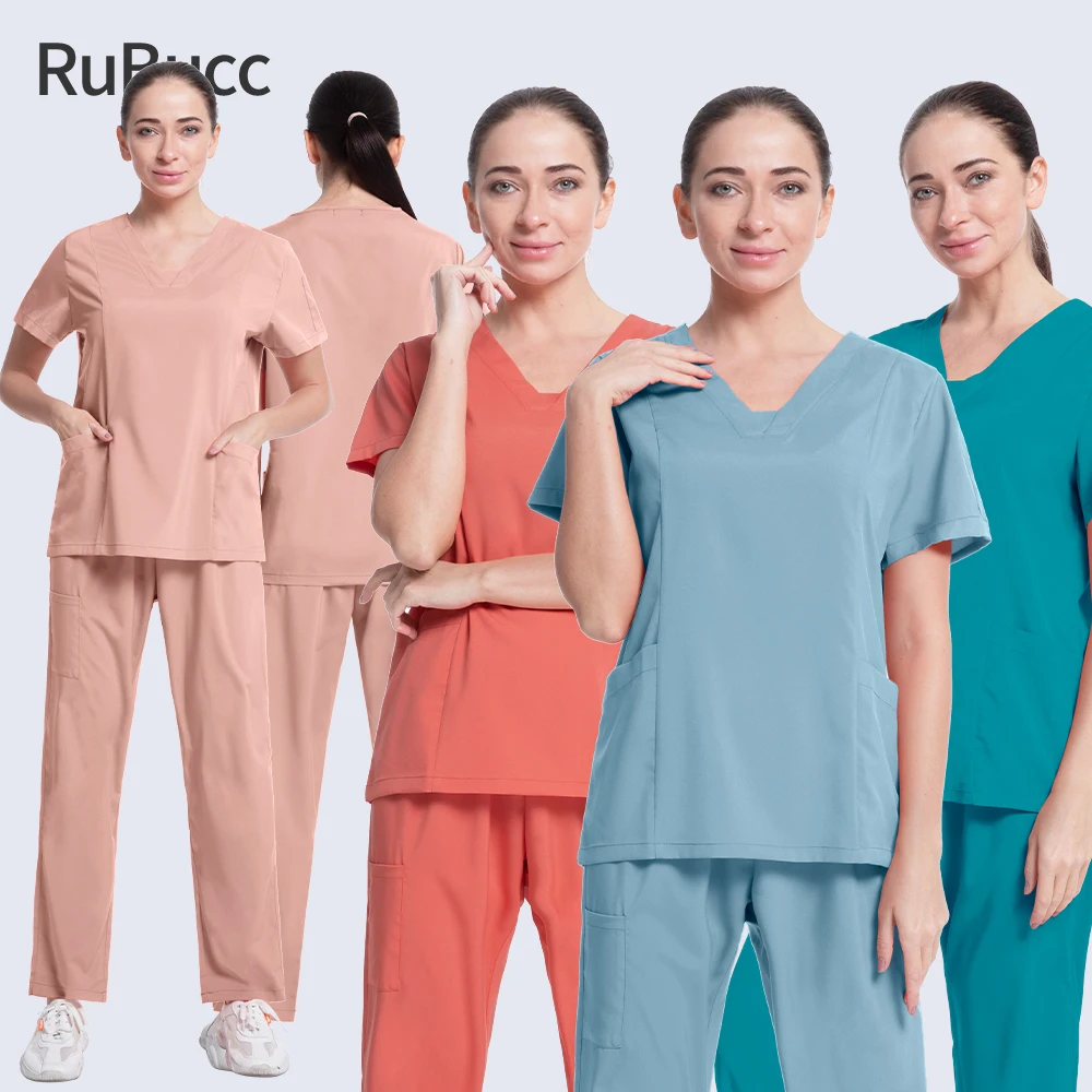 Solid Color Unisex Surgical Gown Pocket V-neck Scrubs Set for Women Joggers Wholesale Scrub Suit Hospital Uniform Nurse Workwear