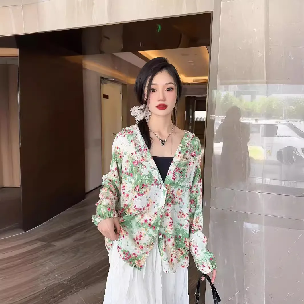 Summer Rayon Cotton Beach Cover Up Hoodie Long Sleeve Loose Kimono Floral Cardigan for Summer AC Office Wear Tops