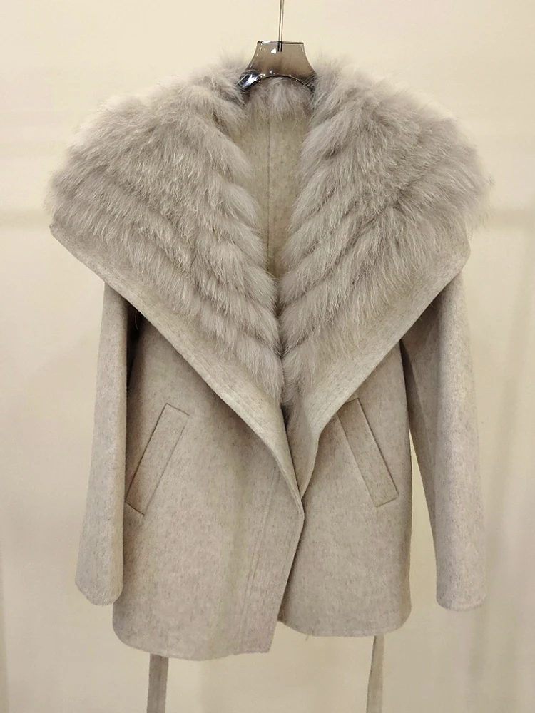 2025 Cappotto invernale in vera pelliccia di volpe da donna Giacca in lana di cashmere con pelliccia naturale femminile Giacca di lusso in lana Capispalla