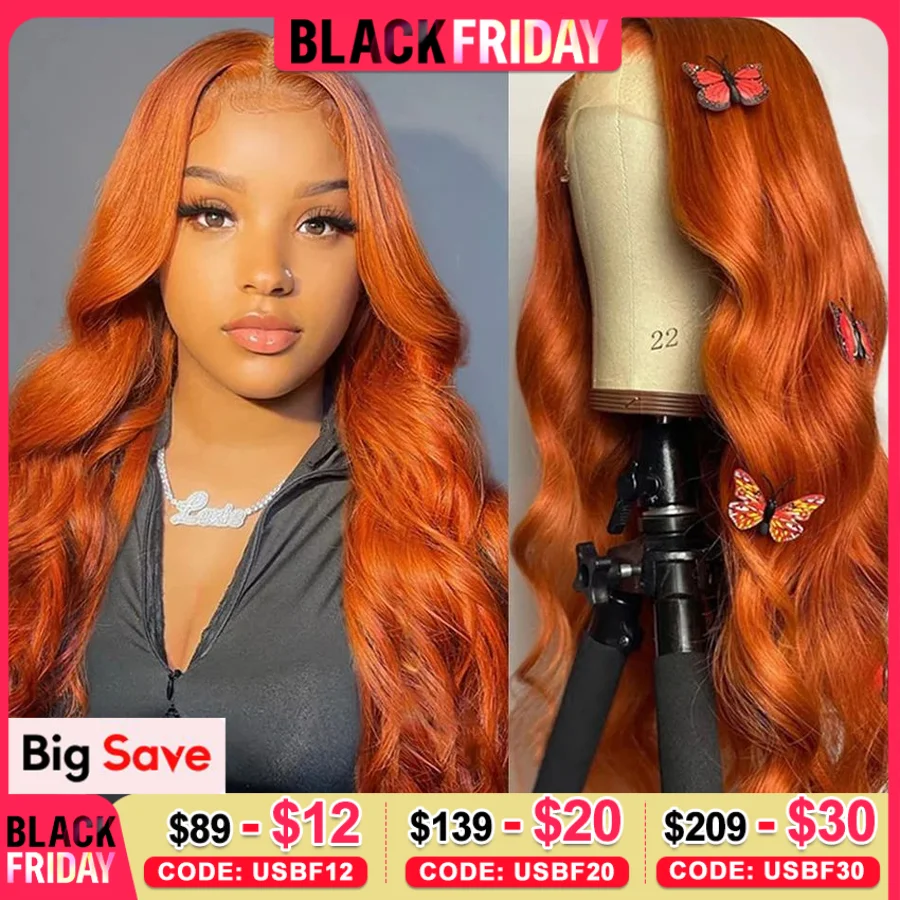 250% Body Wave 13x6 HD Lace Front Wig 100% Human Hair Ginger Orange Brazilian Remy Colored Pre Plucked 13x4 Lace Frontal Wigs