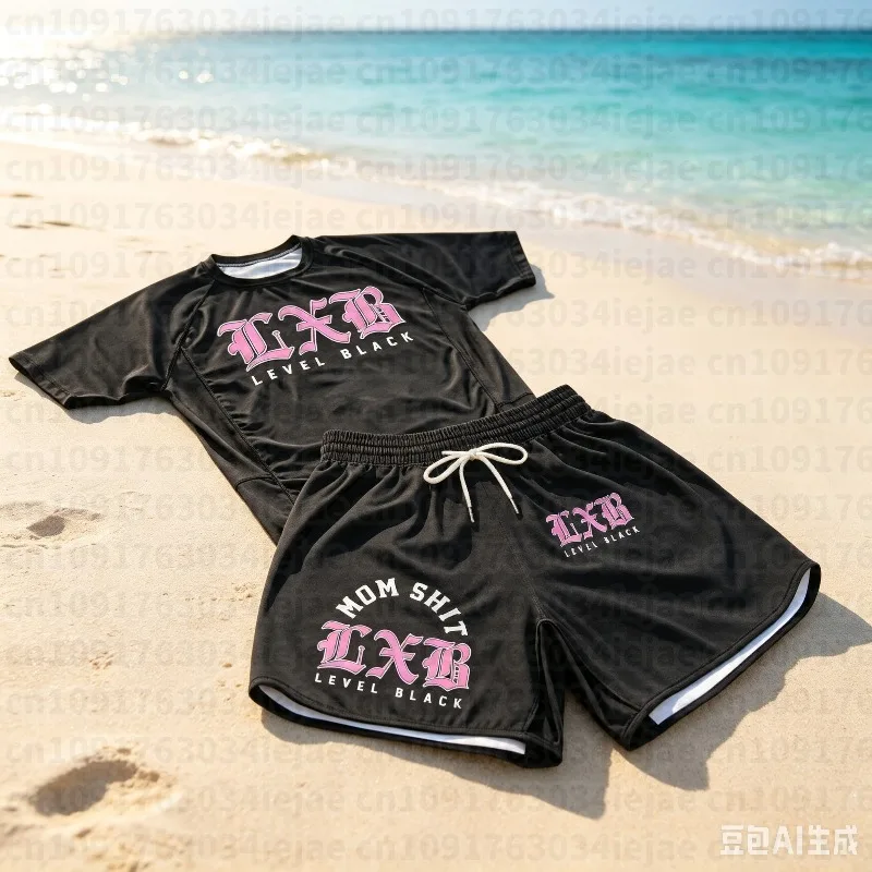 2026 New Men's Kid Level Black 2 Piece Training Set Short Sleeve Compression Shirt and Shorts for MMA Workout Colthing