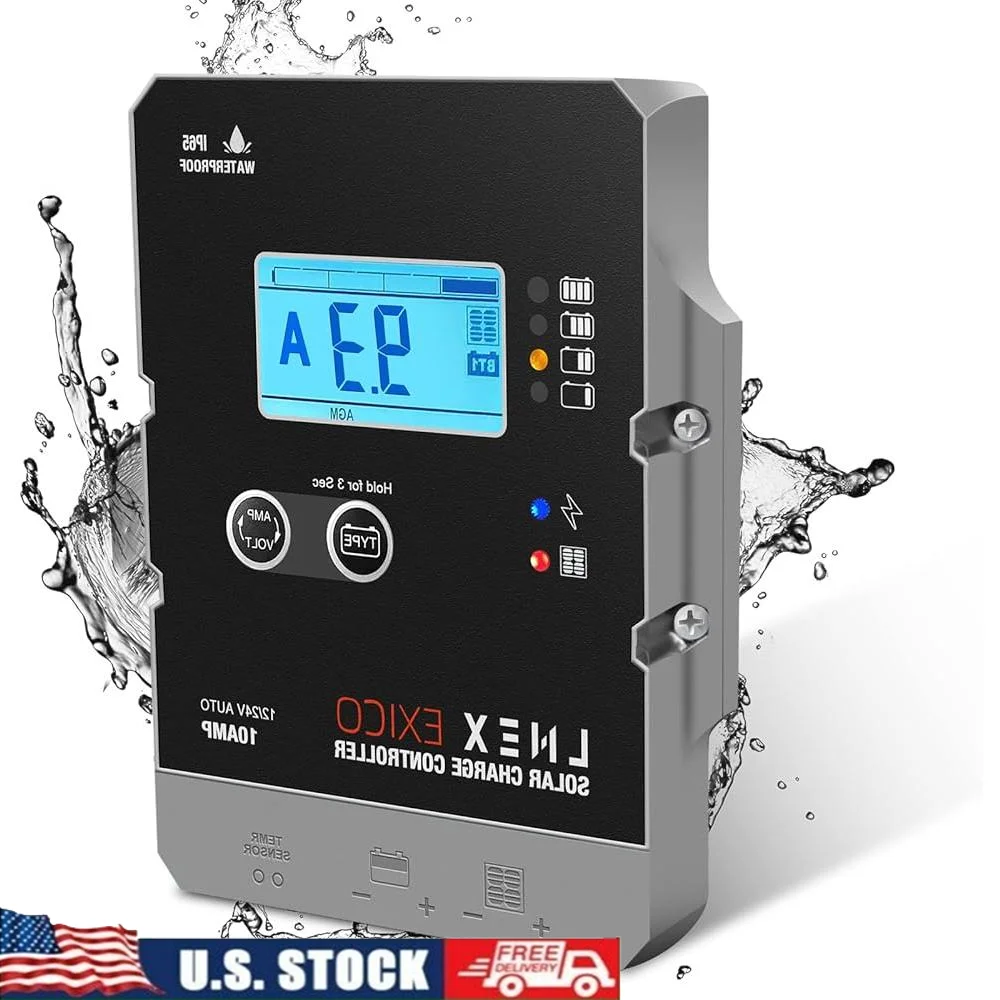 

Waterproof 10A Solar Charge Controller Super Thin PWM Regulator with LCD Display 12V 24V Multiple Battery Compatibility Auto