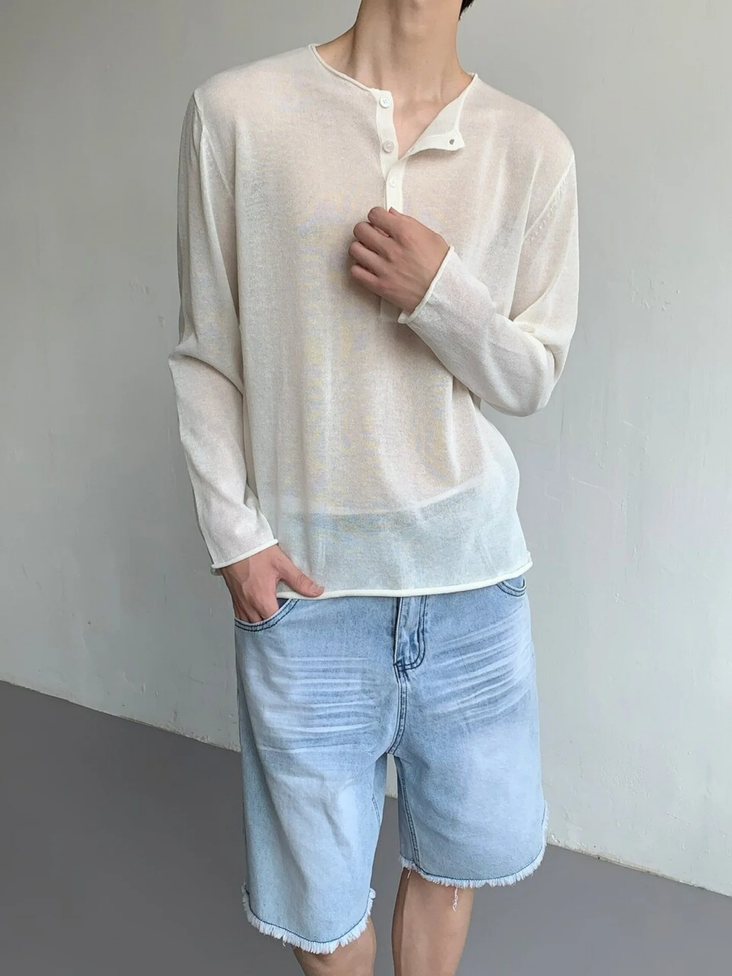 Lightweight Long Sleeve Henry Collar T-Shirt Men's Loose Casual Transparent Style Spring Summer Anti-Uv Cover up Top