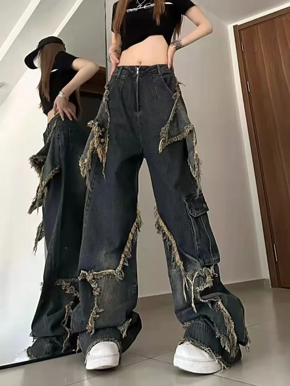 American Vintage Y2k Jeans mit fünfzackigem Stern-Aufklebermuster Street Apparel Baggy Jeans Damen Patchwork Gothic Bodentürme