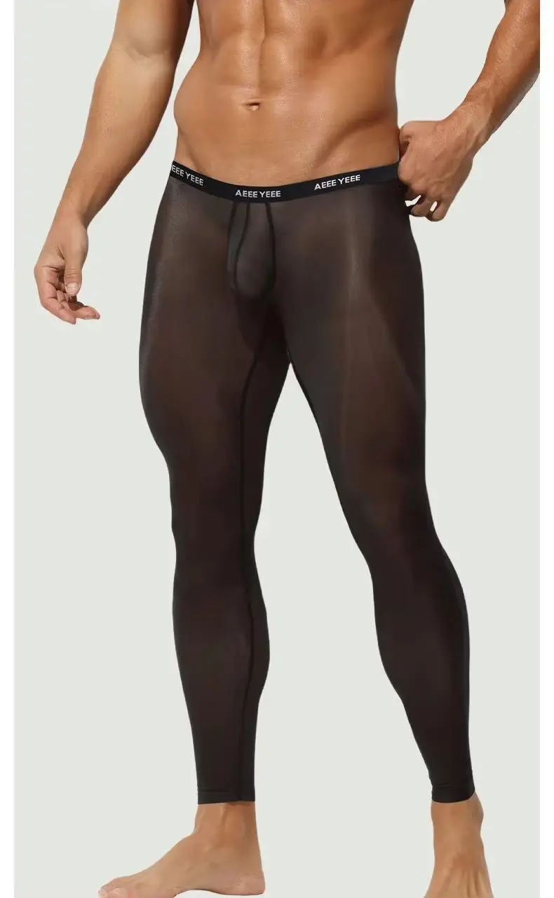 Hot pants Black lace men's leggings single piece tight ultra-thin elastic ice silk fully transparent transparent fitness A739