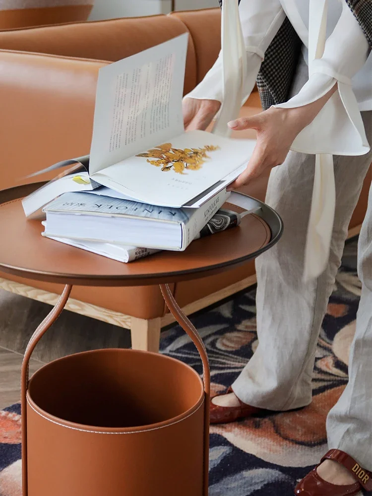 Golden brown Italian handmade saddle leather brass storage coffee table side table