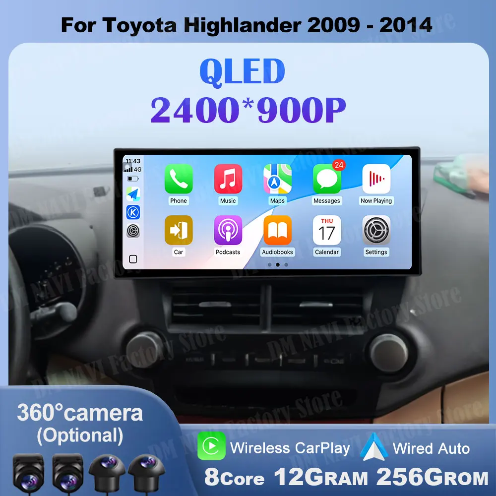 

12.3 inch Touch QLED Screen Android 14 For Toyota Highlander 2009 - 2014 Car Radio Multimedia Navigation GPS 4G WIFI BT CarPlay
