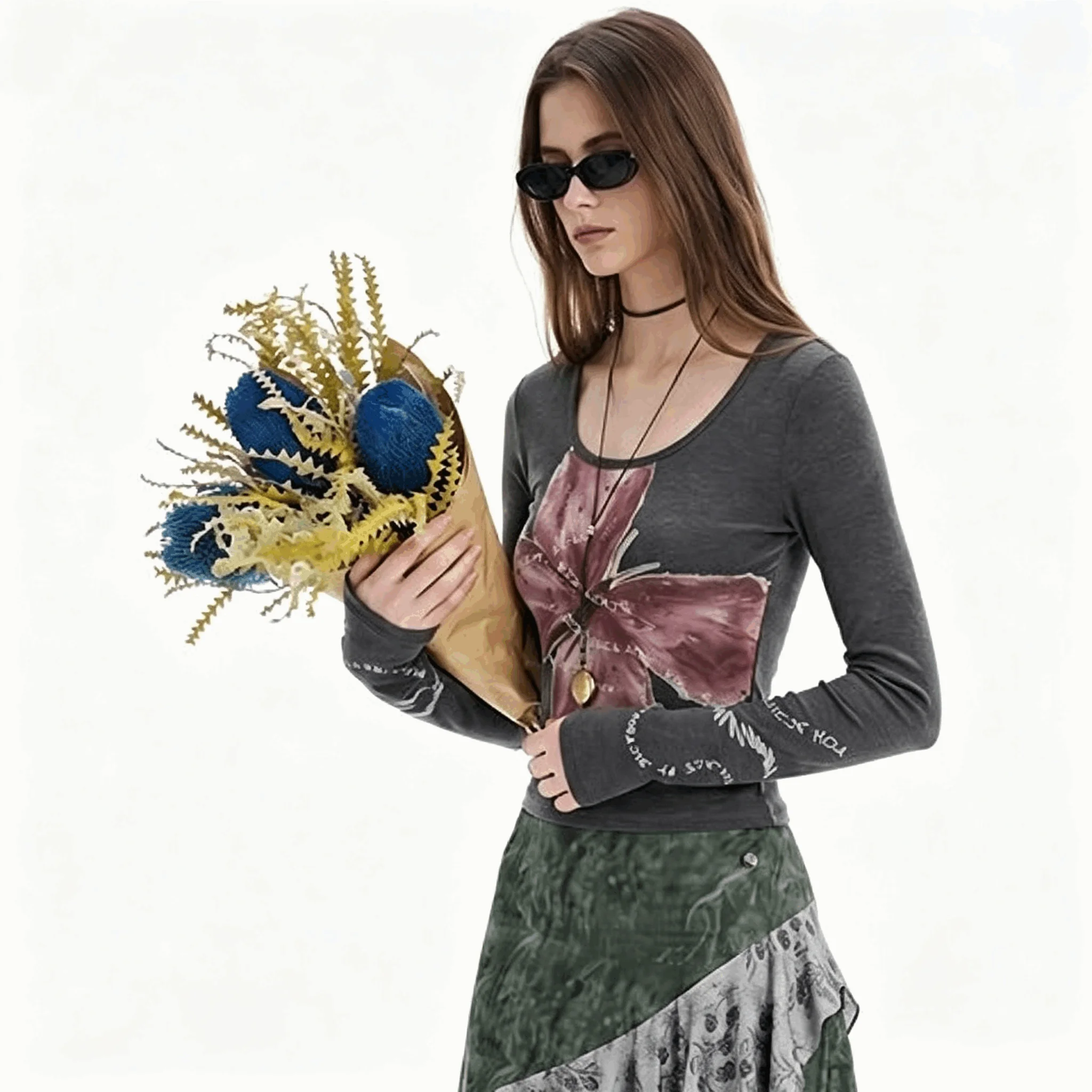 Original foreign trade order for cool spring and summer in 2026, new embroidered printed long sleeved women's T-shirt
