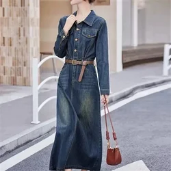 Women Denim Dresses Spring Autumn 2025New Korean Slim Long Sleeve Over Knee Long Dress Female Vintage Blue Cowboy Dress Vestidos