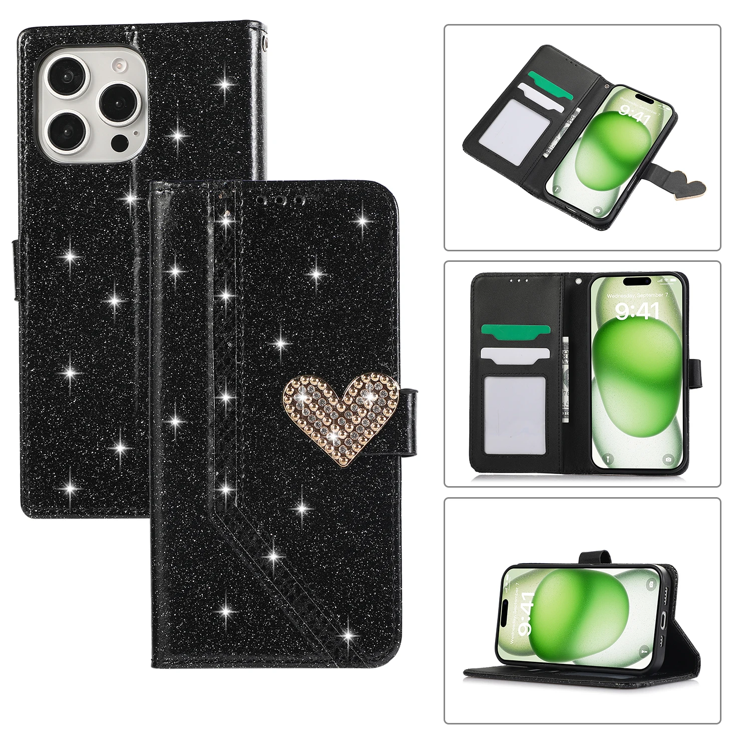 

Glitter Pu Leather Flip Case for IPhone 16 15 14 13 12 11 Pro XS Max XR X 8 7 6s 6 Plus SE 22 Wallet Card Slots TPU Frame Cover