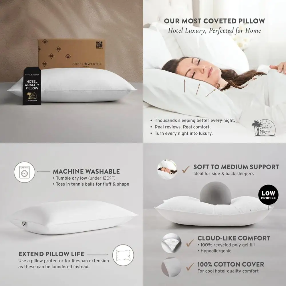 

Gel Fiber-Filled Pillow for Stomach and Back Sleepers - 100% Cotton Case, Soft and Machine Washable Adult Pillow