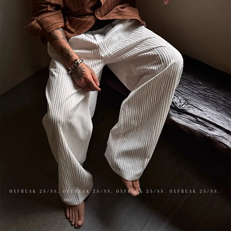 

Solid Color Striped Pleated Pants For Man, Old Money Style Cusual Woman Trousers, High End Wide Leg Streetweawr Men's Pants