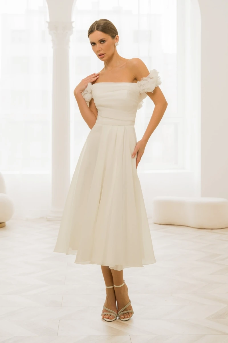 Short Ankle Length Wedding Dress For Women Pleat Off The Shoulder A-Line Ivory Beach Robe De Mariee Customize To Measures 2024