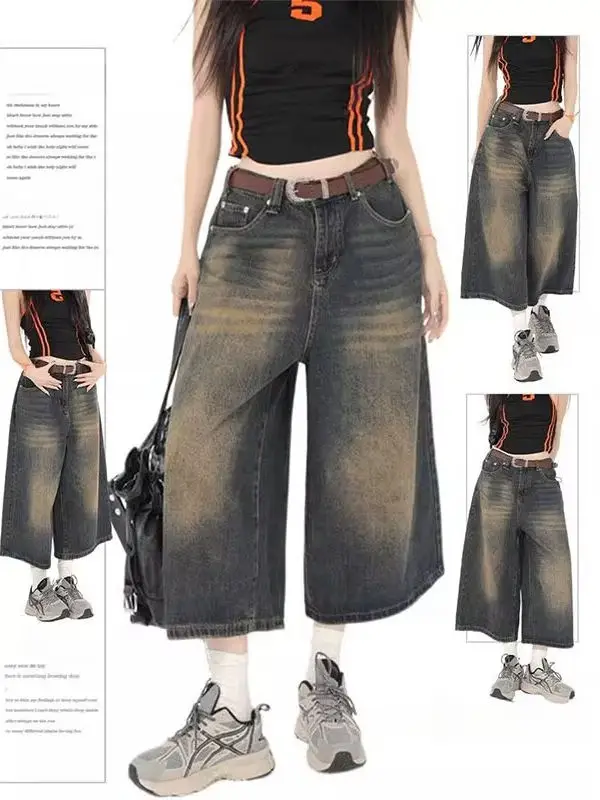 

American Style Vintage Wide Leg Seven-Foot Jeans Women plus Size Loose Slimming Straight Leg Pants Summer New Arrival