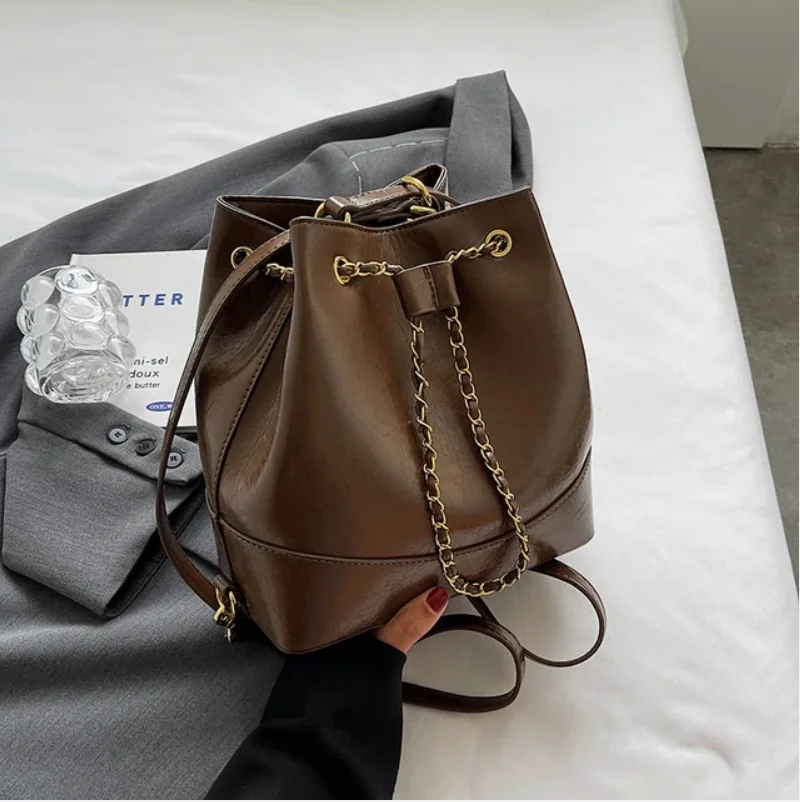 Brown Women Fashion PU Leather Backpacks Spring Chic Design String Bucket Bag New Trendy Lady All Match One Shoulder Bags