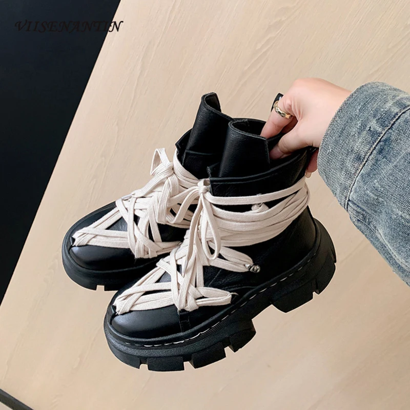 

Punk Style Round Toe Thick Bottomed Knight Boots Women Bandage Design Height Increased Short Boots Women Leather Trend Footwear