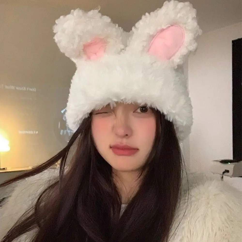 

Fluffy Rabbit Ear Beanies Elastic Solid Color Knitted Hat Brimless Comfortable Winter Outdoor Warm Cap Winter Season