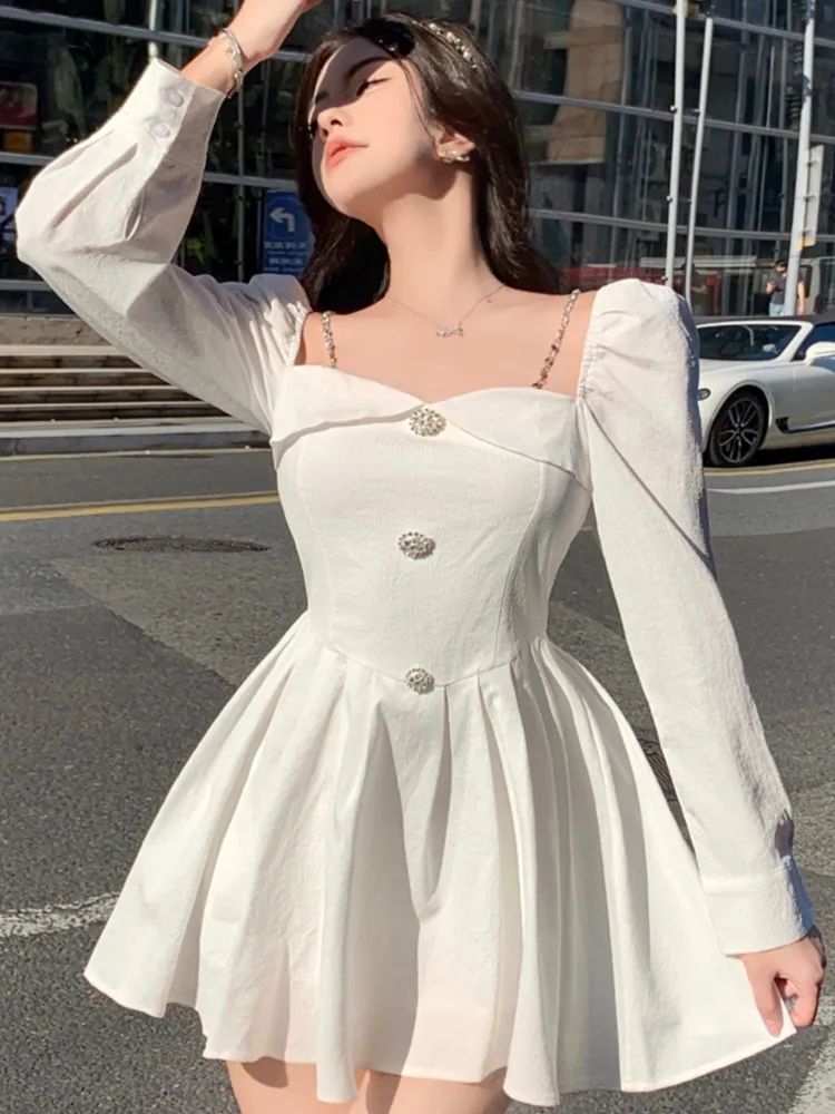 Korean Style Solid Mini Dress Women Long Sleeve Square Collar Spring Fashion High Waist Female Birthday Party Vestidos Mujer