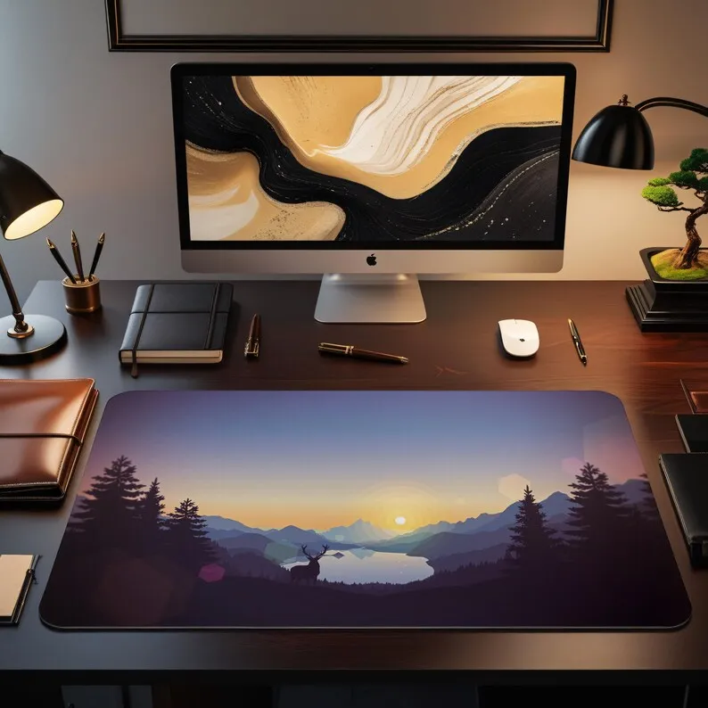 サンセットレイクデスクマット：風光明媚な山の鹿マウスパッド