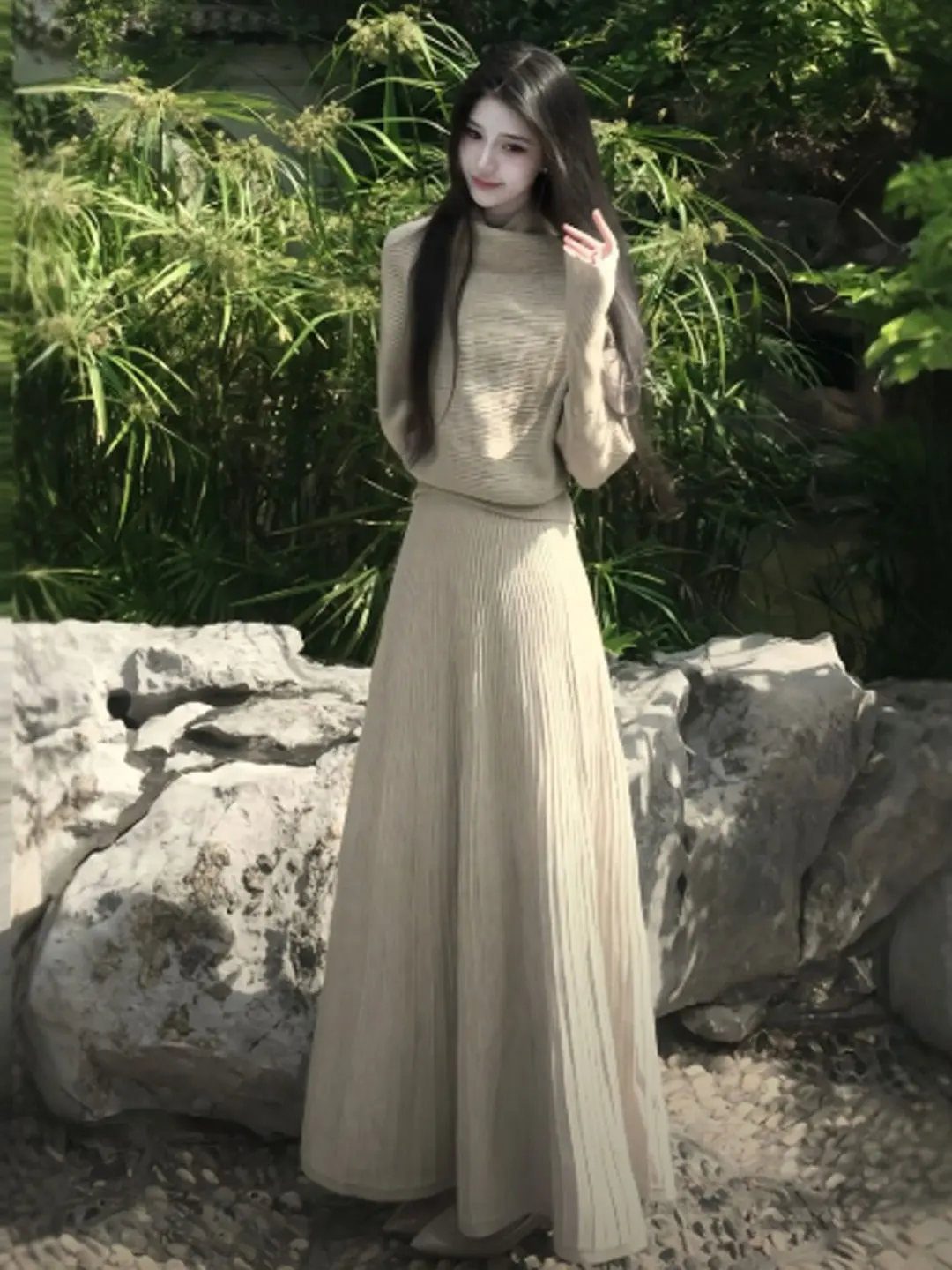 

Retro Gentle Style High Neck Knitted Sweater Half Skirt Two Piece Set Complete Spring 2026 Fashion Korean Comfortable Cotton