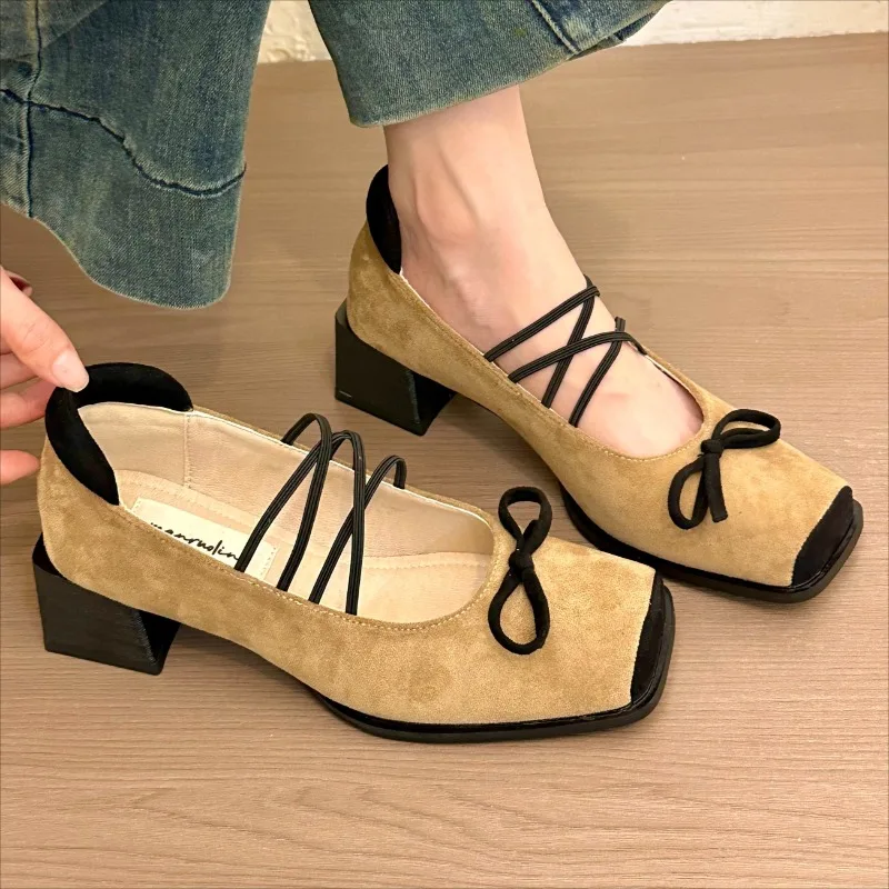 Mocassini impermeabili in pelle scamosciata con fiocco nuovo primavera da donna Camminate all'aperto Comode scarpe basse con tacco spesso slip-on Taglia 35-40