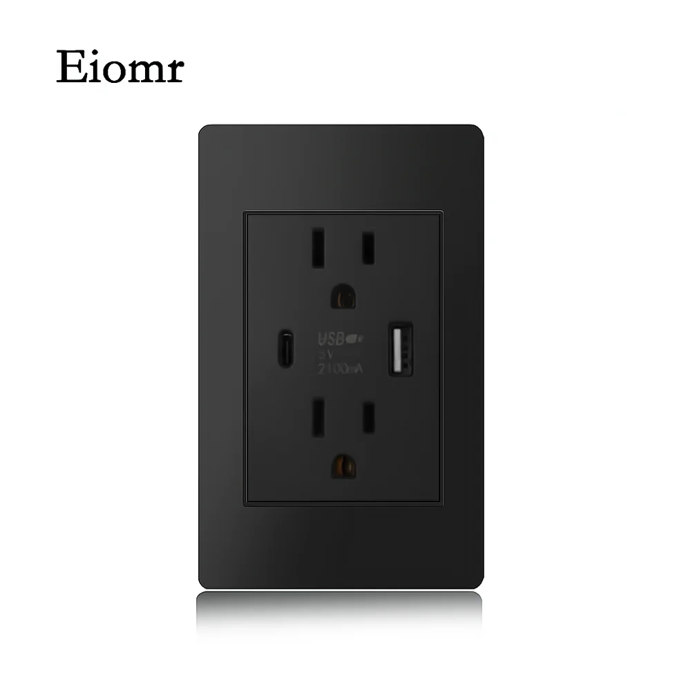 Eiomr US Standard Wall Socket with USB Type-C Charging Port 5V 2.1A, 118mm*75mm Fireproof PC Panel Wall Power US Outlet