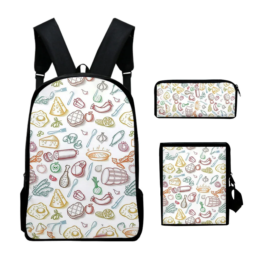 Hip Hop Jugendliche Cartoon Essen 3D-Druck 3 teile/satz Student Reisetaschen Laptop Daypack Rucksack Umhängetasche Federmäppchen