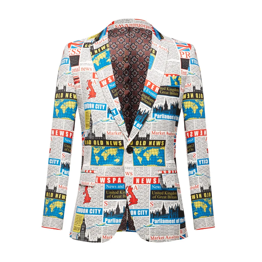 Fashion Men‘s Casual Newspaper Printing Suit / Male Slim Stage Party Club Host Singer 2 Pieces Blazers Sets Jacket Pants