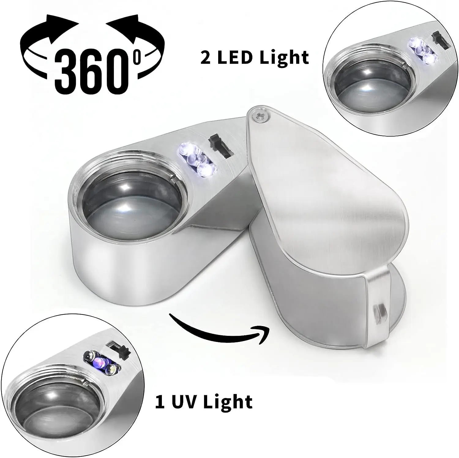 Pocket Illuminated Jewelry Loupe 40x 25mm With LED UV Lights Full Metal Folding Jewelers Eye Loupe For Coins Gems Stamps Watches