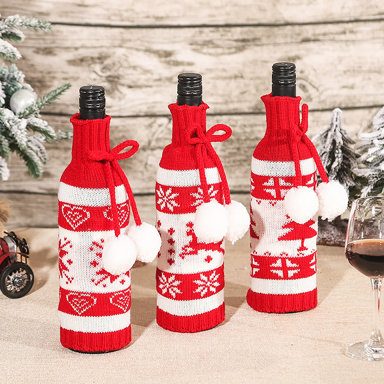 

Christmas Ornaments Knitting Wool Hair Bulb Wine Bottle Cover Xmas Decor Wine Bottle Bag For Party Dinner Table Decorations