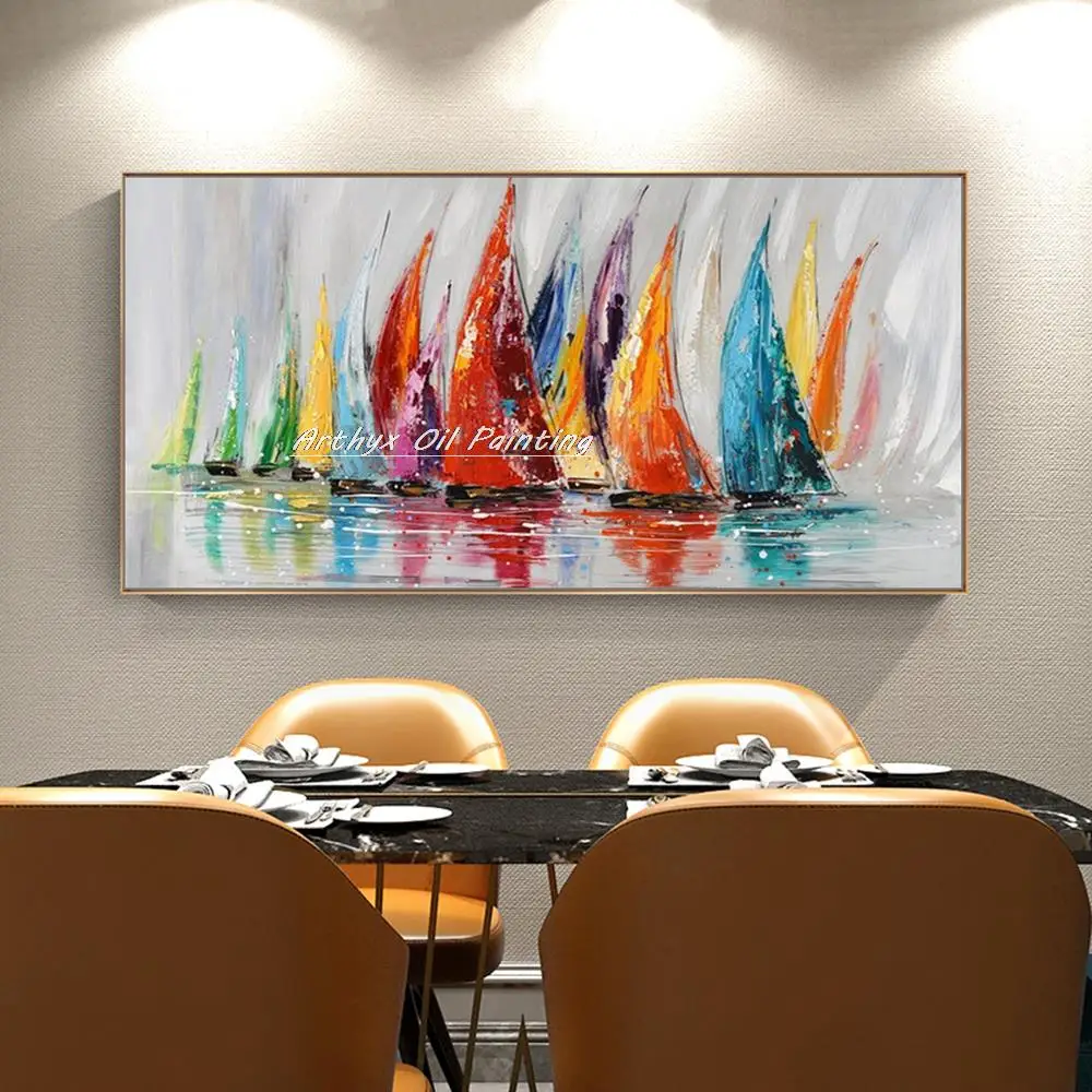 Arthyx,Handpainted Boat Oil Painting On Canvas,Handmade Abstract Ship Landscape,Wall Art Picture For Living Room Home Decoration