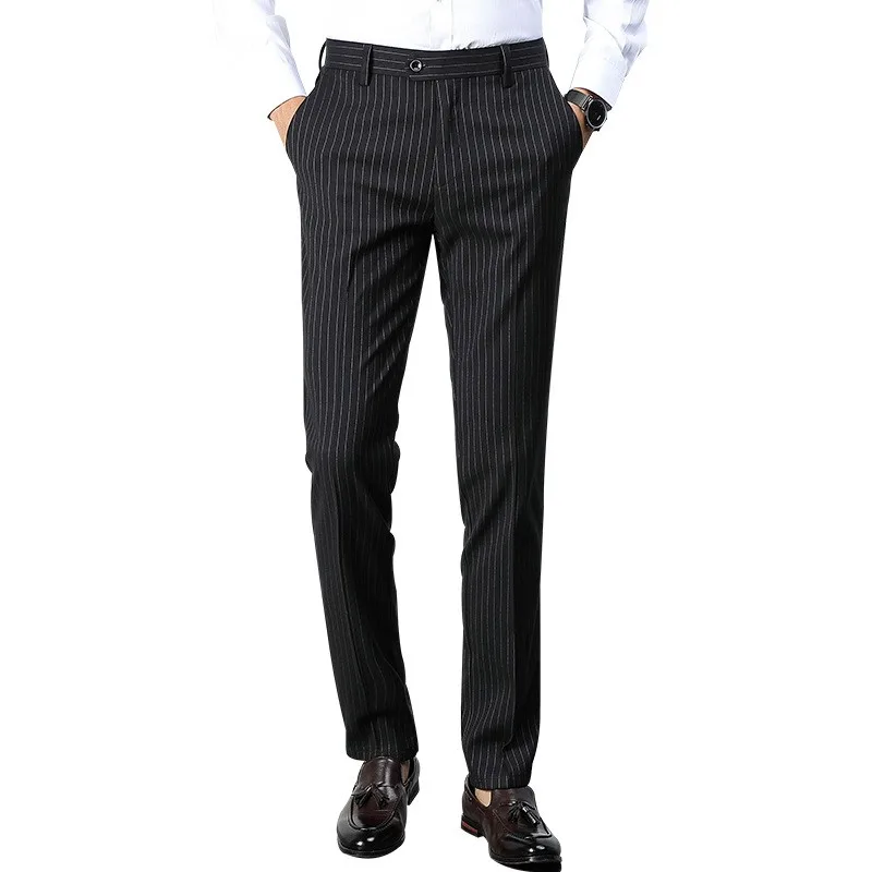 Men Pinstripe Straight Fit Suit Trousers Vertical Striped Formal Dress Pants Business Office Daily Wear Pants With Pockets