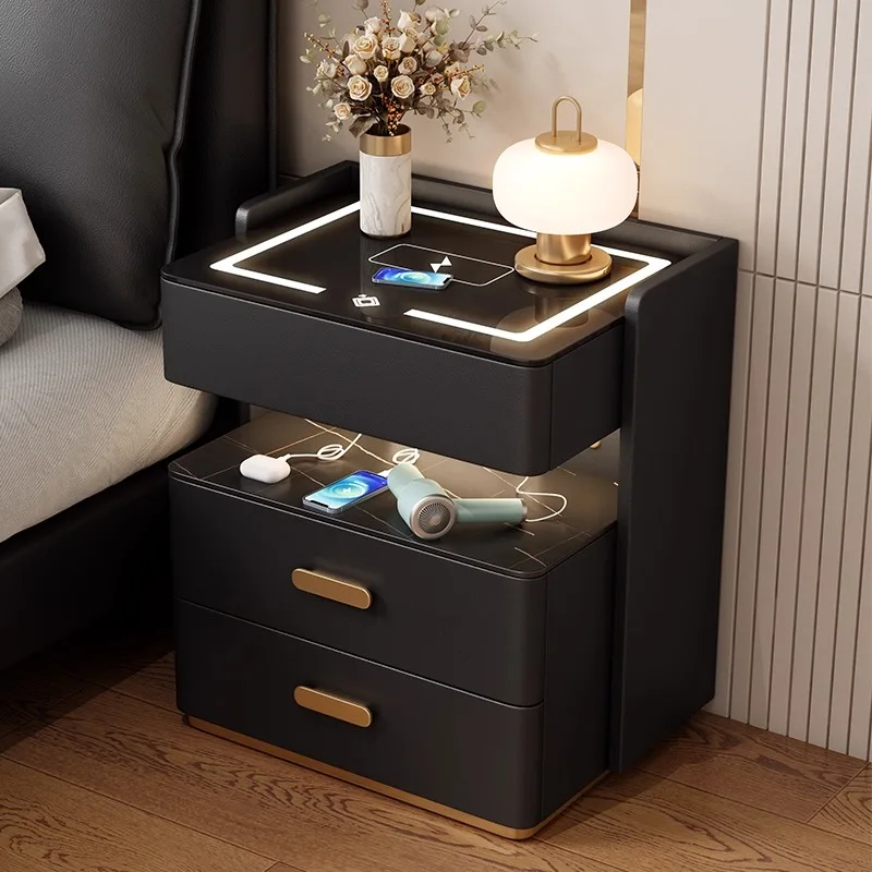 

Smart bedside table, simple and modern solid wood household bedroom, light luxury storage cabinet with lights