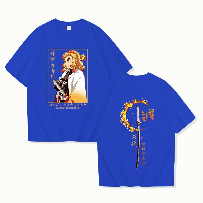 Camisetas de manga corta con estampado de Anime Demon Slayer Rengoku Kyoujurou para hombre y mujer, camisetas informales de verano Unisex, camisetas deportivas