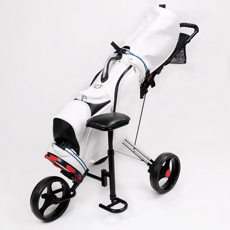 

Factory Price Foldable Aluminum Golf Cart Trolley 3 Wheels Golf Bag Push Pull Cart With Umbrella Holder And Seat