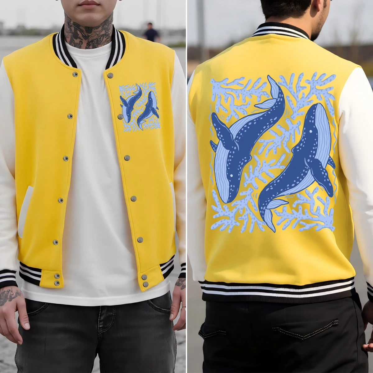 

Funny Ocean Coral Whales Pattern Men Baseball Uniform Autumn Sport Clothing Cotton American Streetwear Loose Colorful Jacket