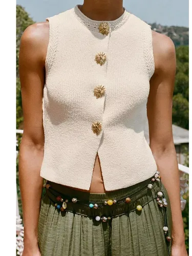 Zevity, blusa básica de punto de ganchillo con cuello redondo para mujer, blusa elegante sin mangas con botones dorados, chaleco, camisa, Blusas, Tops LS9385