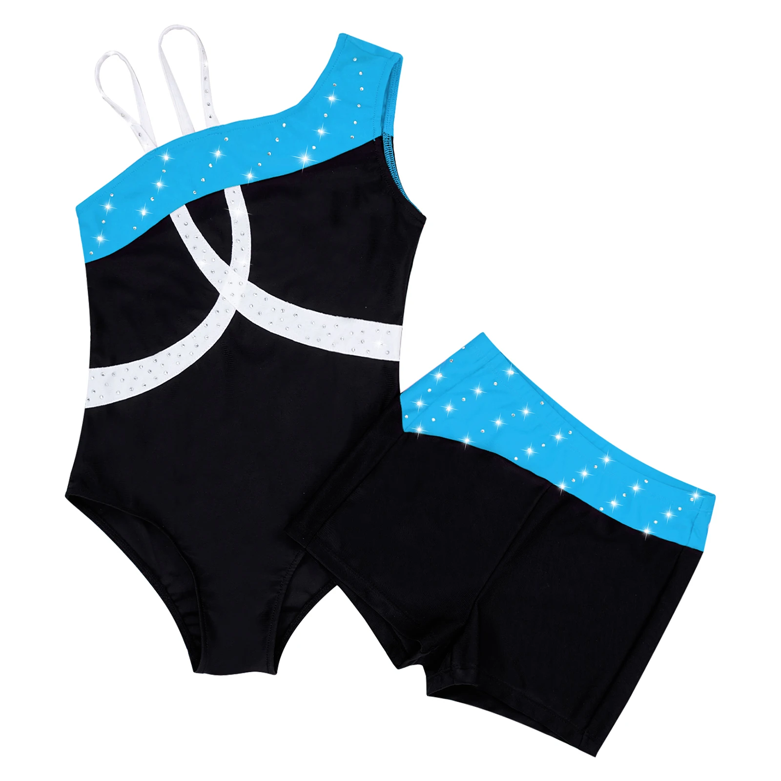 Kids Girls Rhinestone Tight Fitting Jumpsuit with Shorts Gymnastics Figure Skating Dance Costume Ballet Jersey Leotard Dancewear