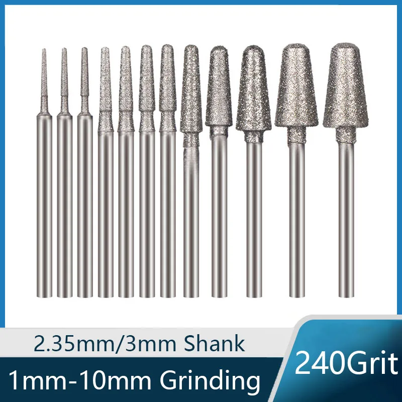 1-10mm Pointed Diamond Grind Needle Head Grinding Burrs Drill Bit 2.35/3mm Shank