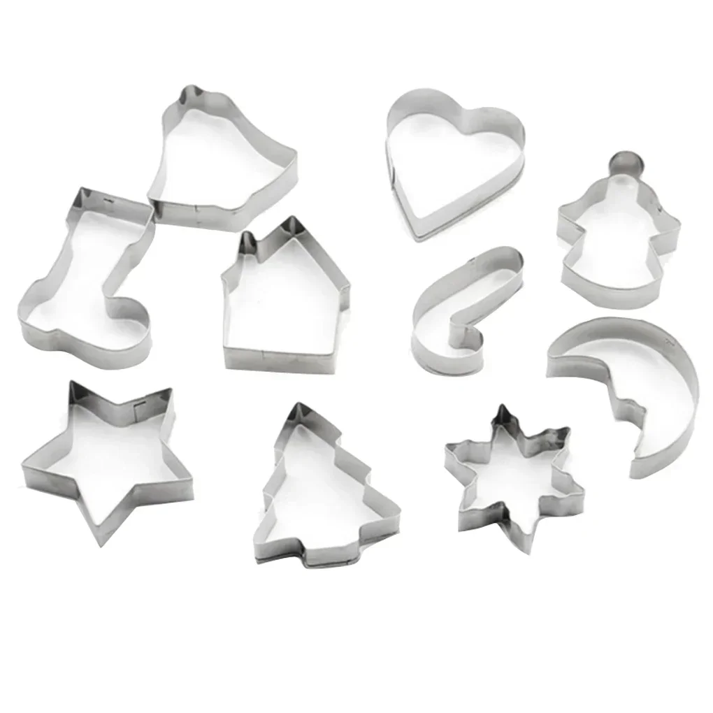 10PCS/Set Stainless Steel Christmas Cookie Cutters Xmas Tree Star House Bells Snowflake Baking Cake Biscuit Fondant Mold