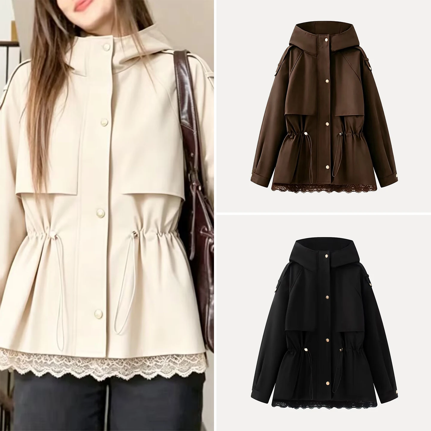 Fashionable Multi-Color Women's Lace Trim Hooded Stand Collar Elastic Waist Jacket Casual Style Long Sleeve Autumn Outerwear