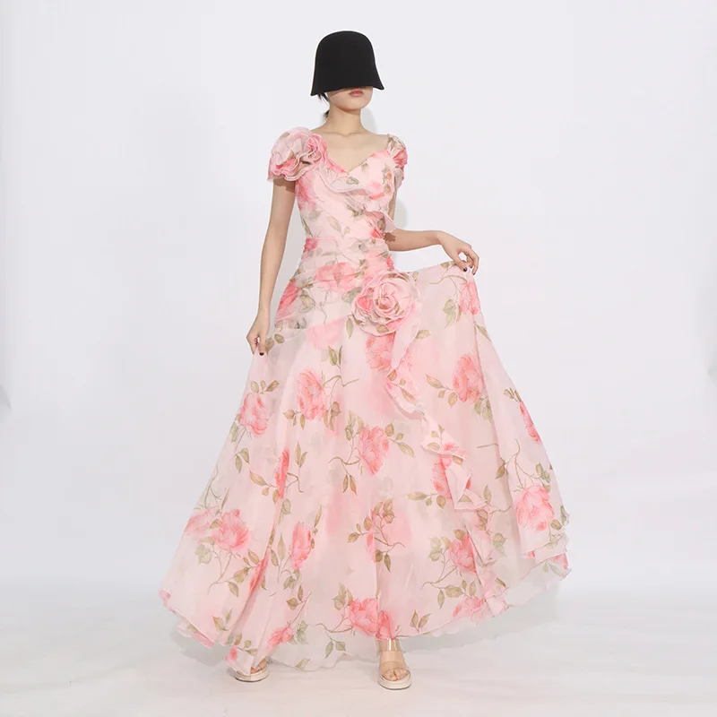 Francuska Sukienka Wakacyjna Elegancka Codzienna Letnia Plażowa Dekolt V Bufiaste Rękawy Kwiatowy Wzór 3D Modny Nadruk Wysoki Stan Linia A Długa Sukienka Damska