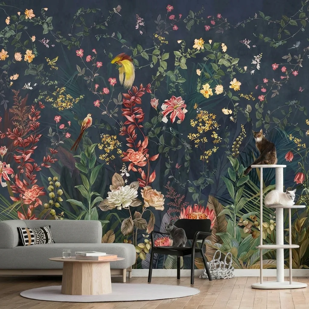 American vintage flowers and birds, tropical jungle style, bedroom headboard background, self-adhesive material.