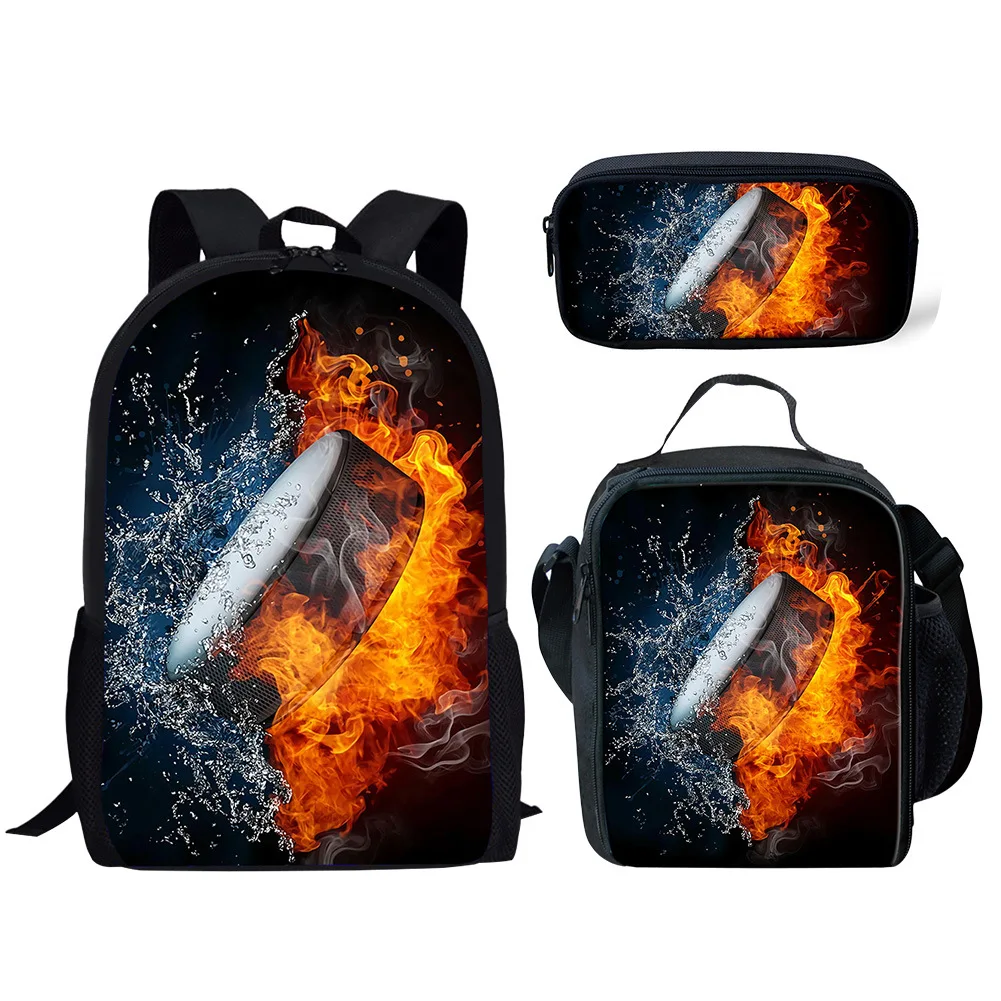 Popular Funny Ice fire Hockey ball 3D Print 3pcs/Set pupil School Bags Laptop Daypack Backpack Lunch bag Pencil Case