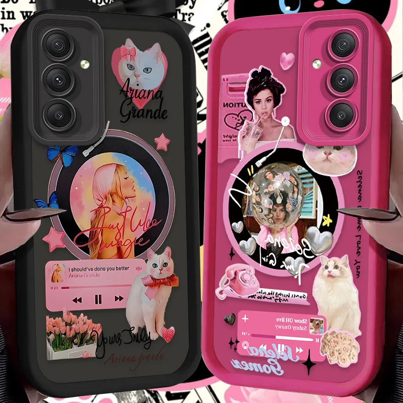 Pink Music Record Cat Silicone Case for Samsung Galaxy A35 A55 A15 A25 A16 A06 A05 A05S A24 A13 A23 A12 A22 A32 A52 A71 A51 4G