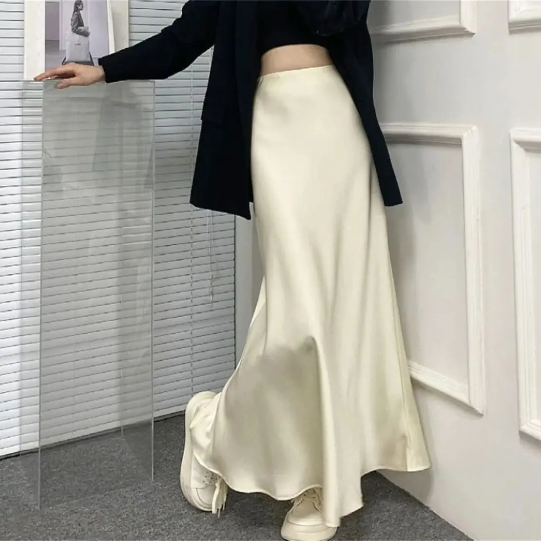 Femmes élégantes queue de poisson Satin jupe mode française solide taille haute jupes bureau dame mince vêtements femme décontracté bas de fête