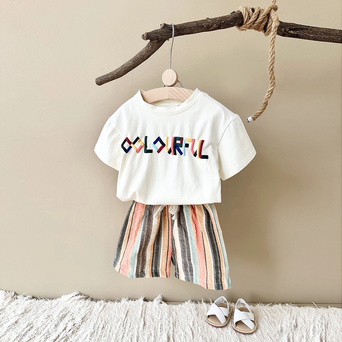 Summern New Baby Clothes Boys Casual Letter Puff Print Short-sleeved T-Shirt +Striped Shorts Sets  Children Kid Outfit Set